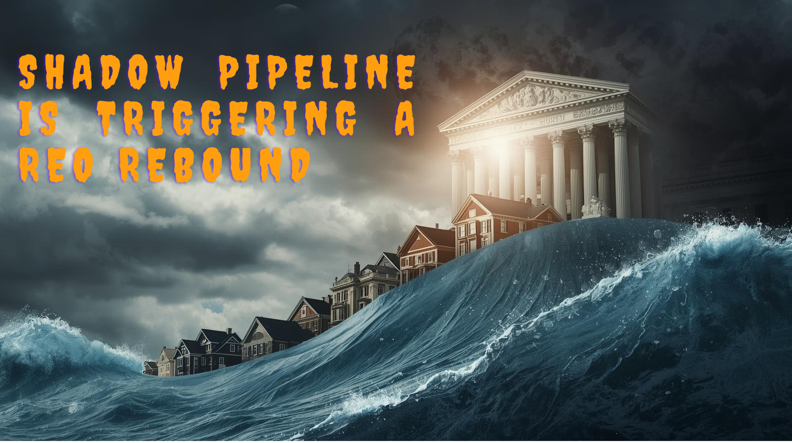 A dramatic wave rises beneath New York residential homes and a courthouse building, symbolizing hidden foreclosure inventory and a looming REO rebound under dark storm clouds.